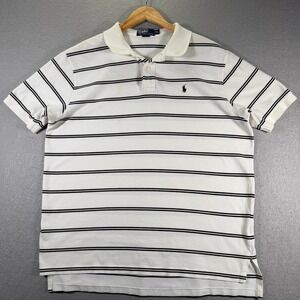 Polo Ralph Lauren Mens Polo Shirt‎ White Black Striped Short Sleeve Heavyweight